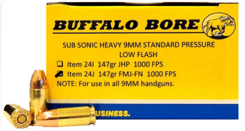 Ammunition Buffalo Bore Ammunition 326 ft lbs 9mm BBA 24J/20    9MM SUBSNC  147 FMJ            20/12